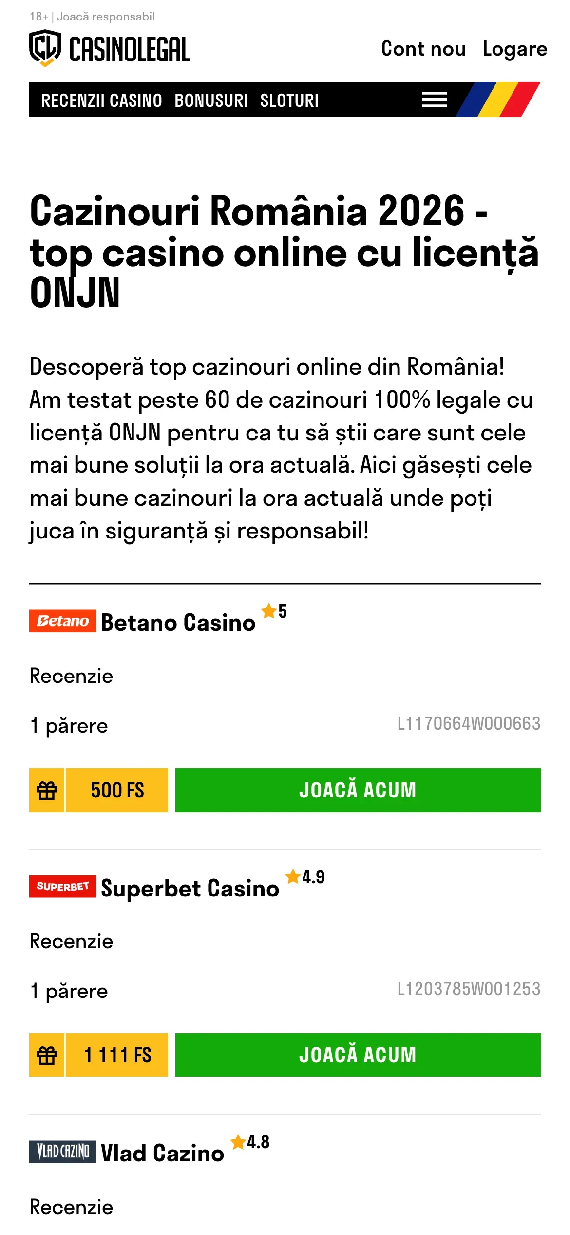 Casinolegal România mobile homepage with casino listing